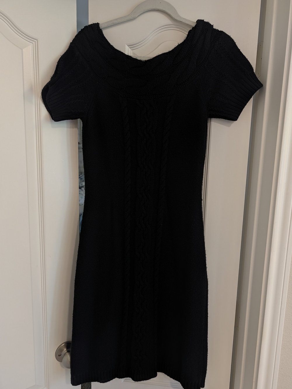 Black Cable-Knit Short Sleeve Sweater Dress